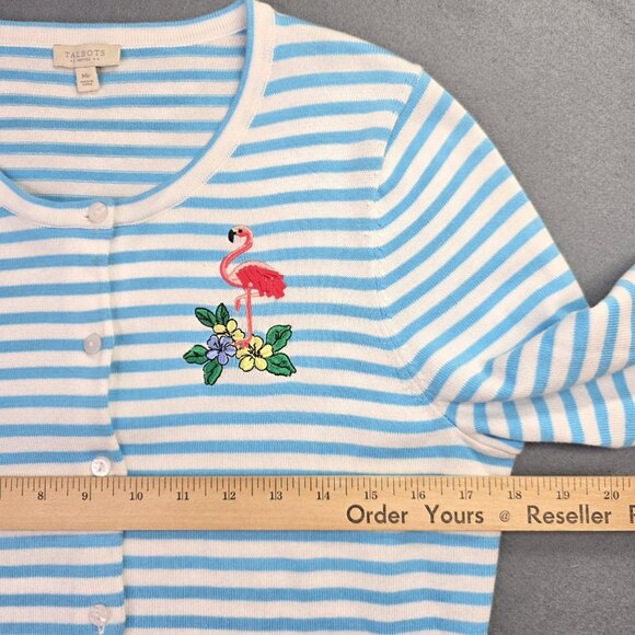 Talbots Sweater Womens M P Cardigan Blue Stripe Flamingo Embroidered Nautical - Picture 8 of 12